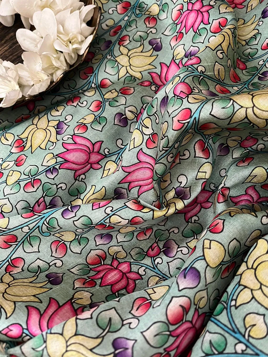 Green Kalamkari Tussar Silk Fabric - Digital Print (1 Mtr)