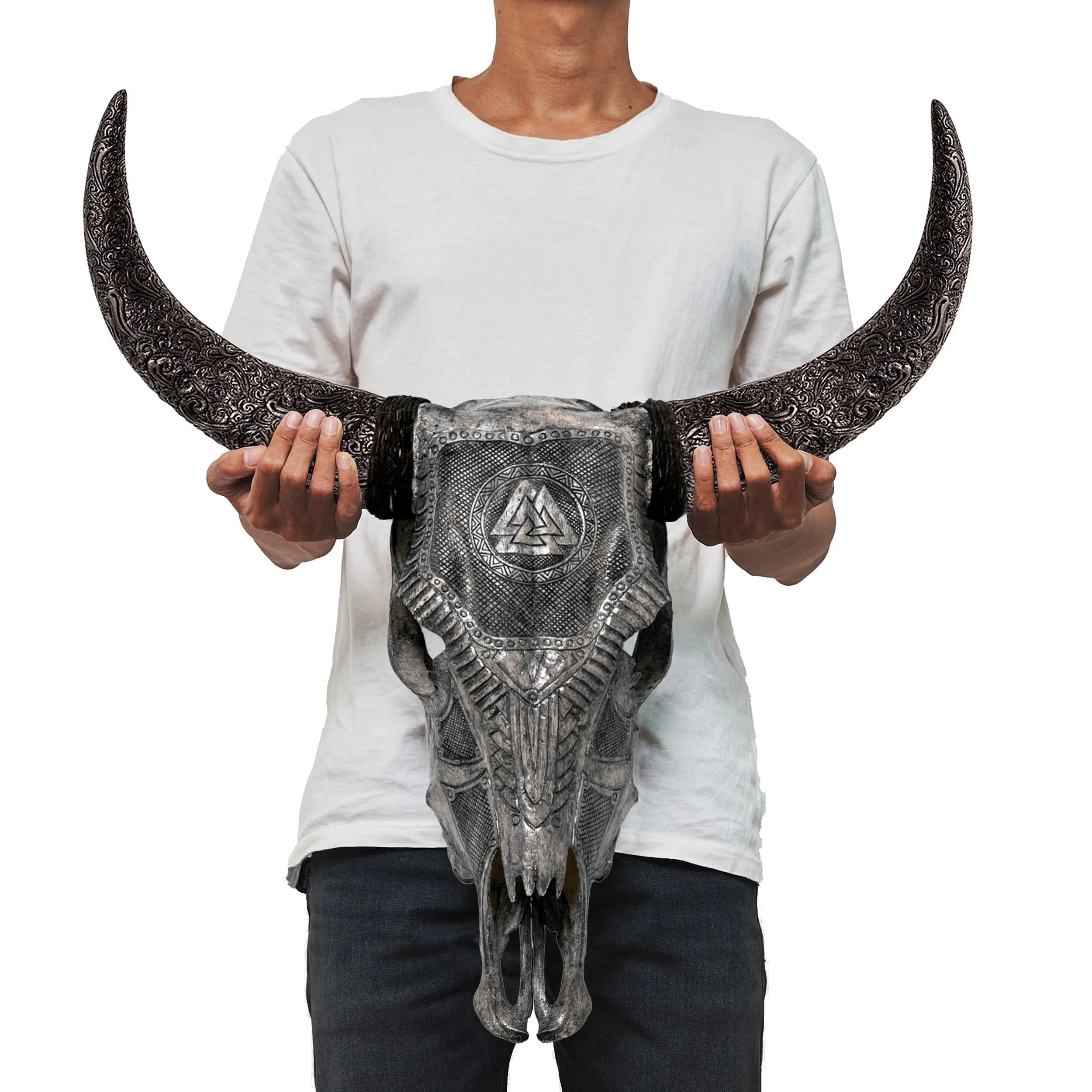 Hand Carved Cow Skull - Gray Valknut