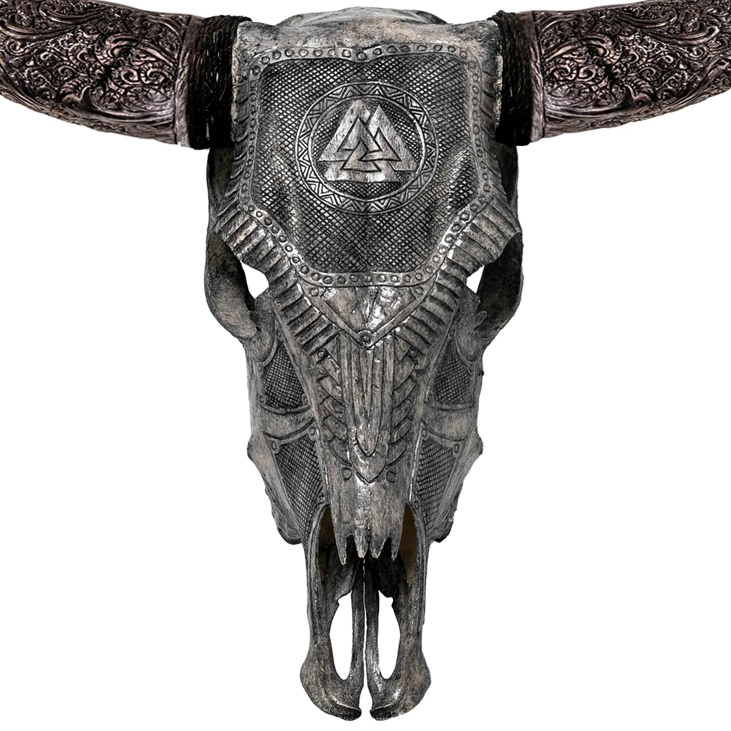 Hand Carved Cow Skull - Gray Valknut