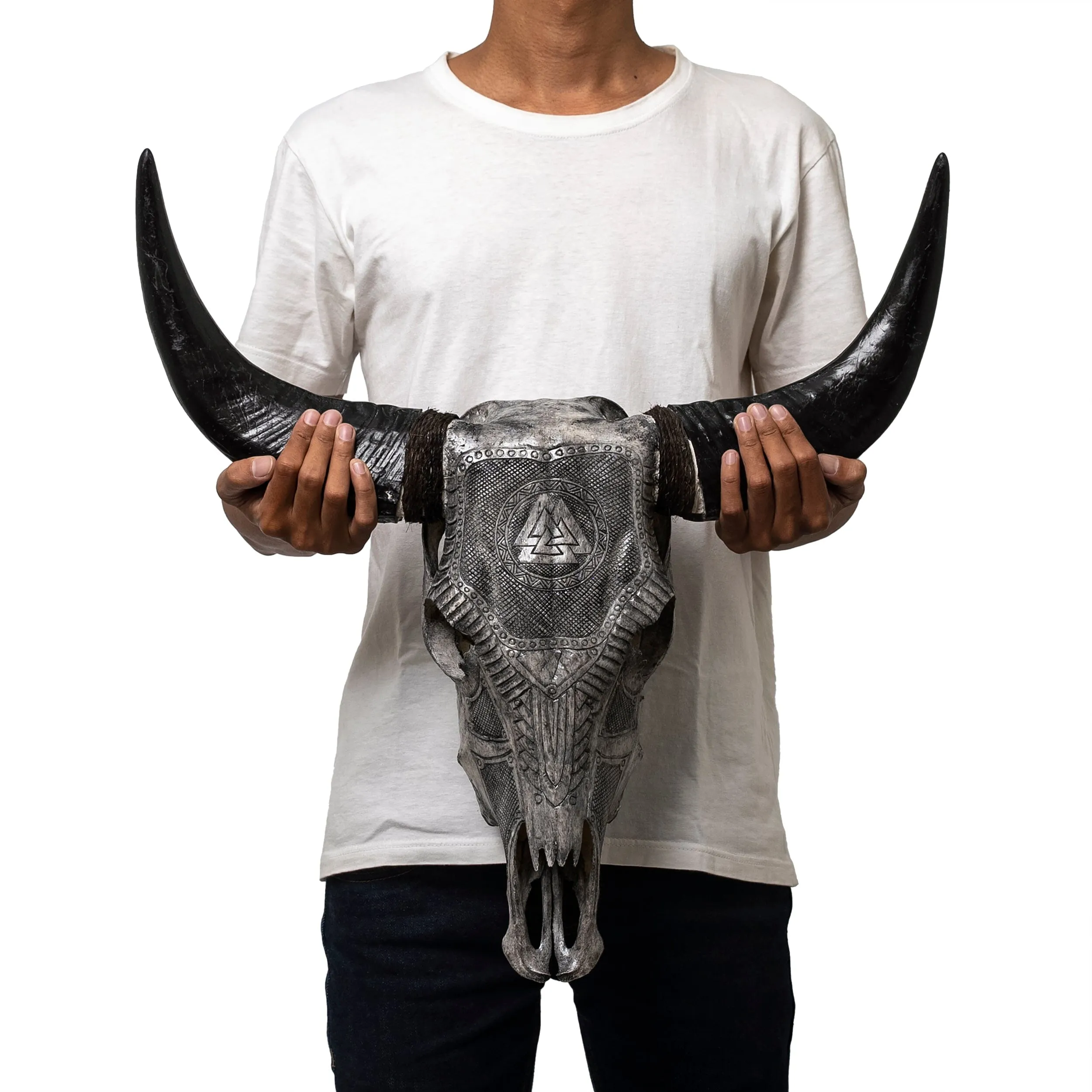 Hand Carved Cow Skull - Gray Valknut