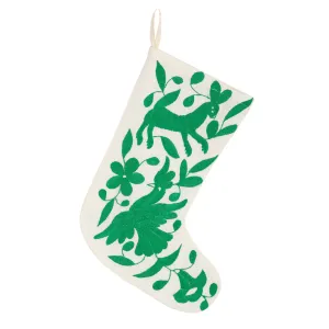 Hand-Embroidered Otomi Christmas Stocking from Mexico - Green