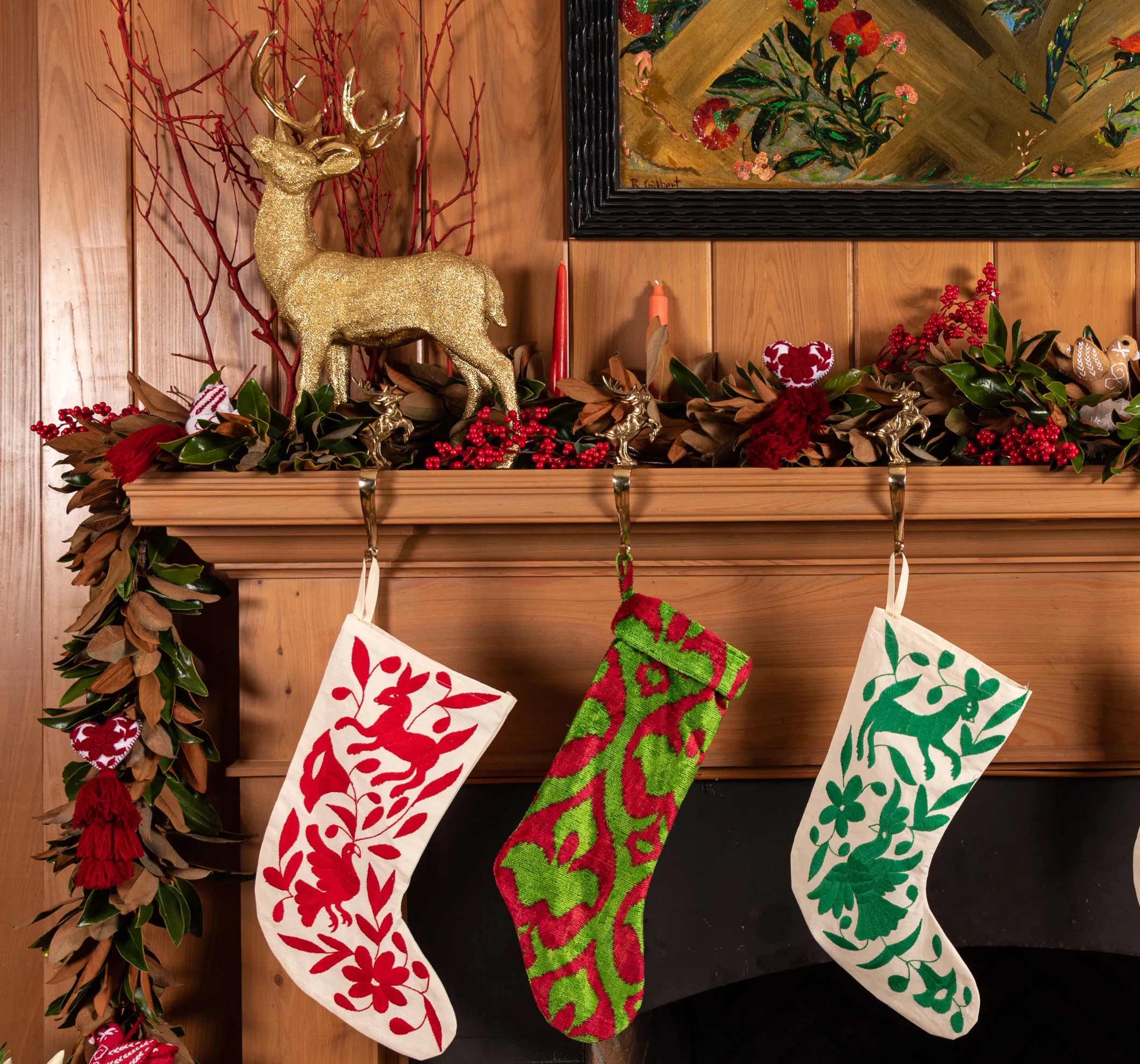 Hand-Embroidered Otomi Christmas Stocking from Mexico - Green