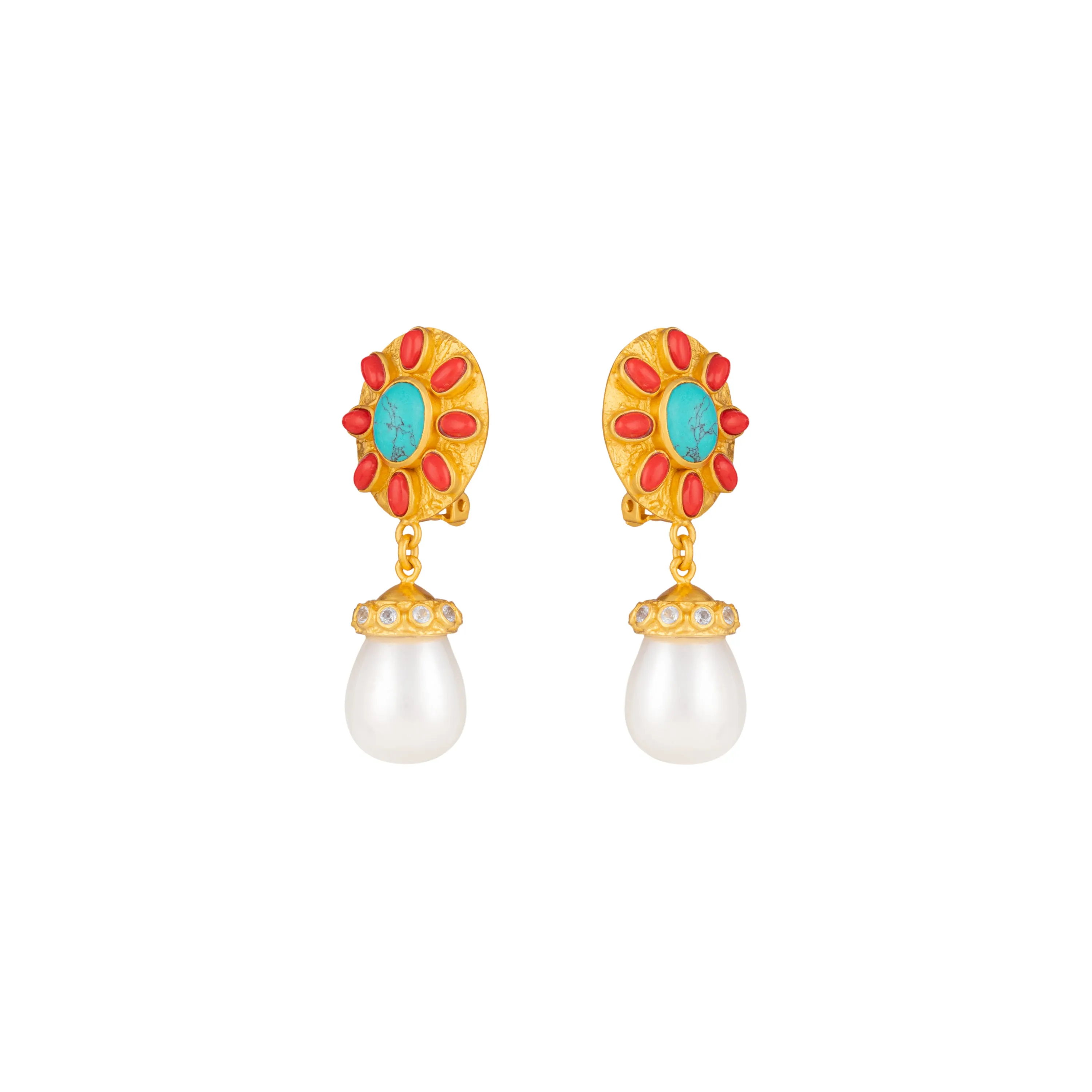 Heather Earrings Red Coral, Turquoise, Crystal & Pearls