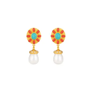 Heather Earrings Red Coral, Turquoise, Crystal & Pearls