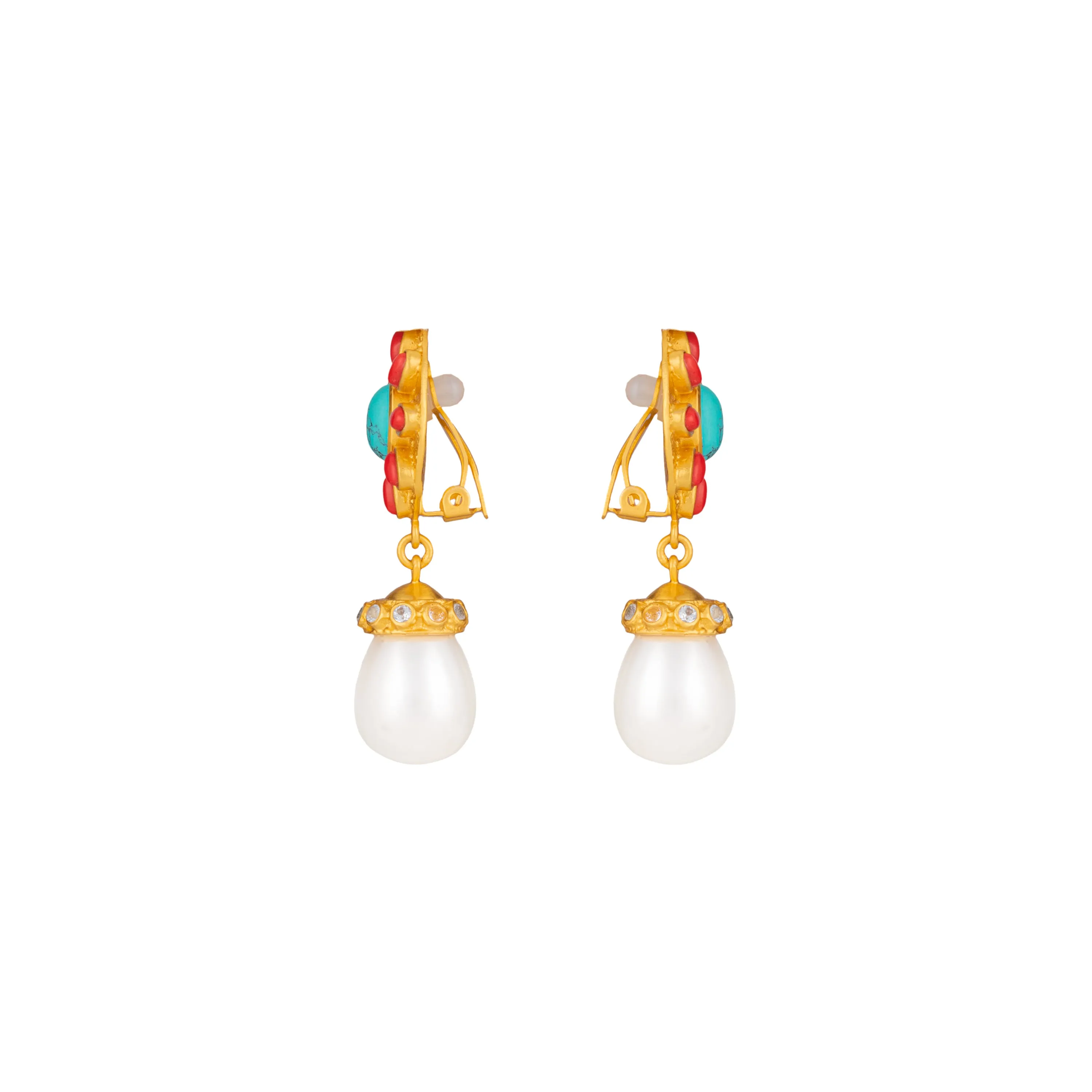 Heather Earrings Red Coral, Turquoise, Crystal & Pearls