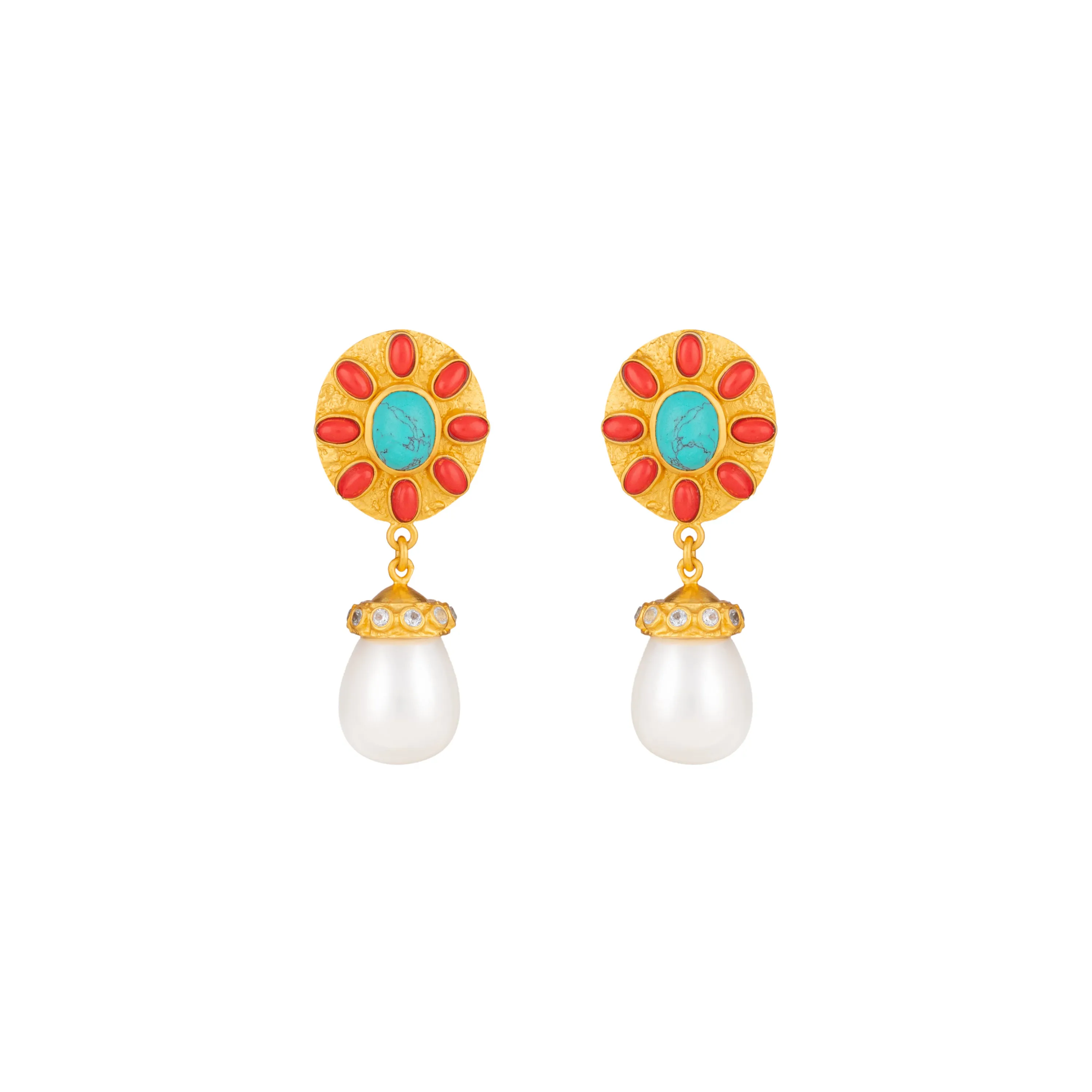 Heather Earrings Red Coral, Turquoise, Crystal & Pearls