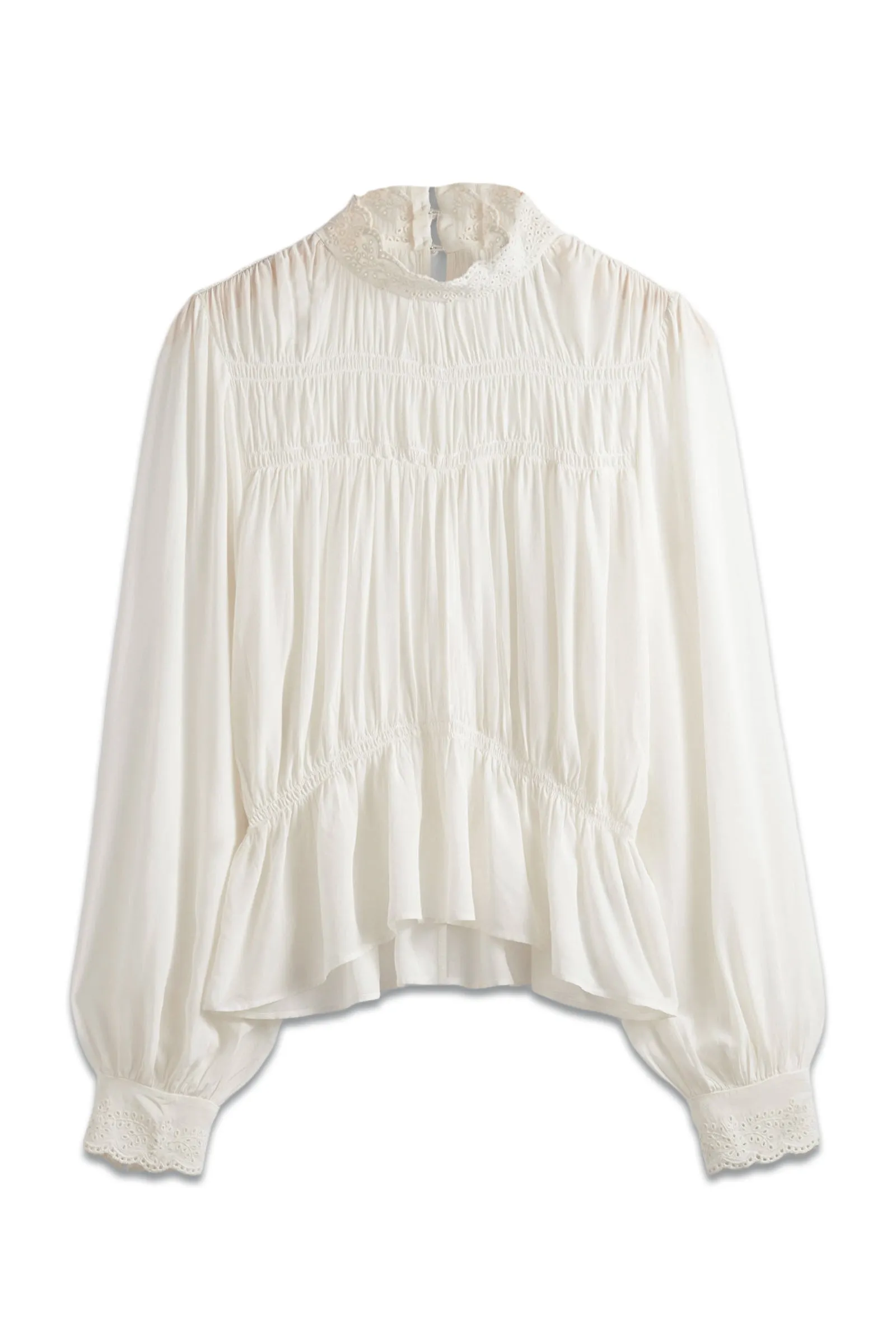 High Neck Long Sleeve Blouse With Puff Sleeves In Soft White