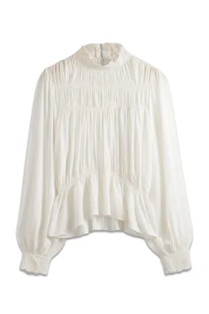 High Neck Long Sleeve Blouse With Puff Sleeves In Soft White