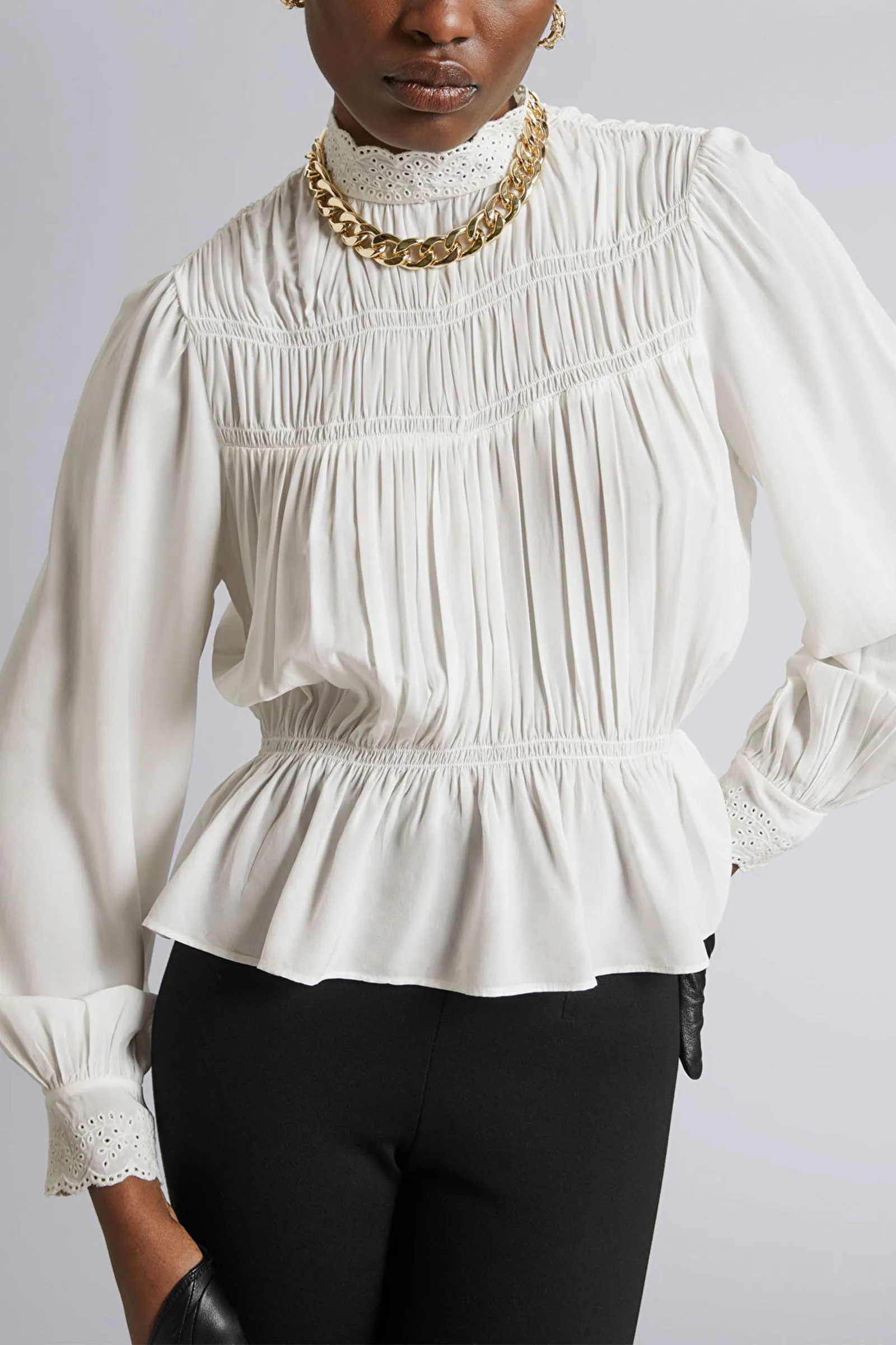 High Neck Long Sleeve Blouse With Puff Sleeves In Soft White