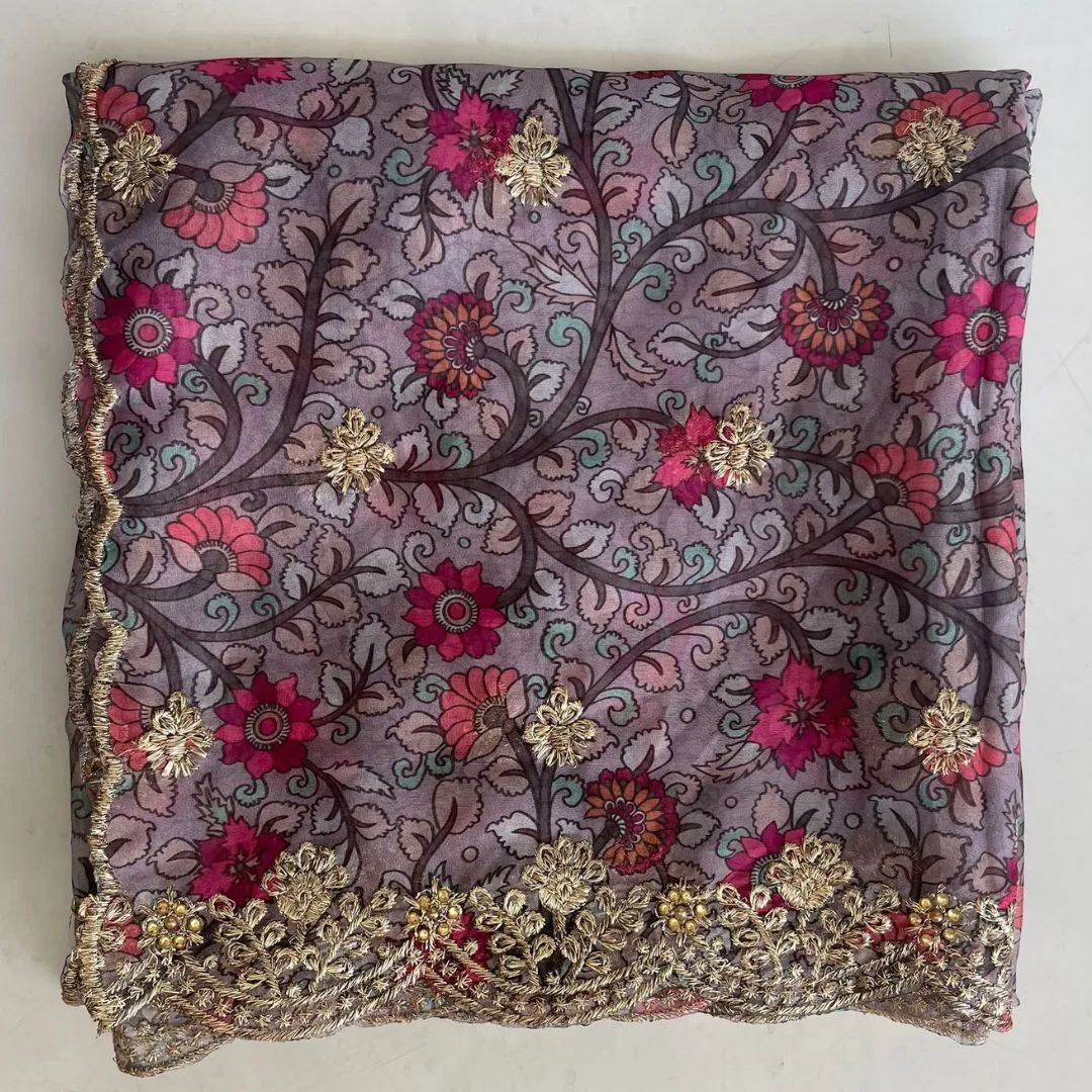 Kalamkari Grey Zari Embroidered Organza Dupatta