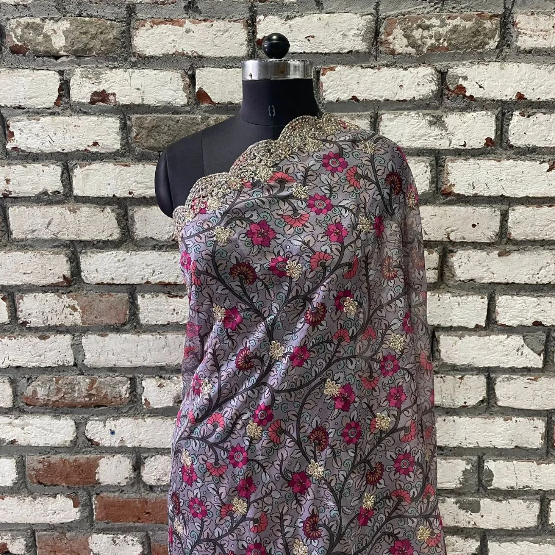 Kalamkari Grey Zari Embroidered Organza Dupatta