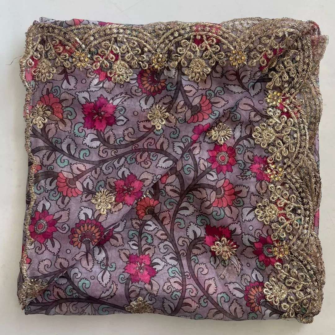 Kalamkari Grey Zari Embroidered Organza Dupatta