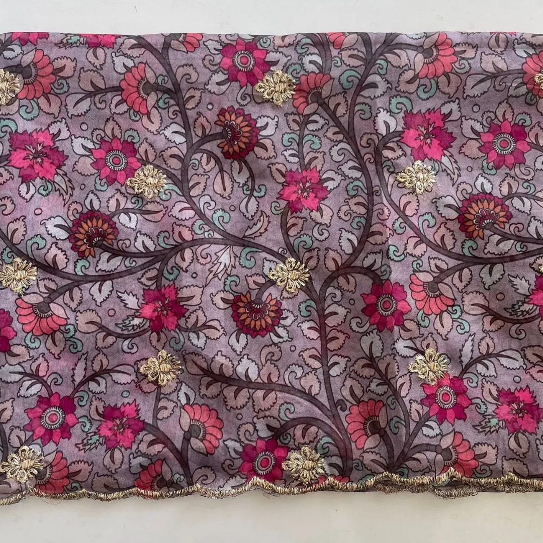 Kalamkari Grey Zari Embroidered Organza Dupatta