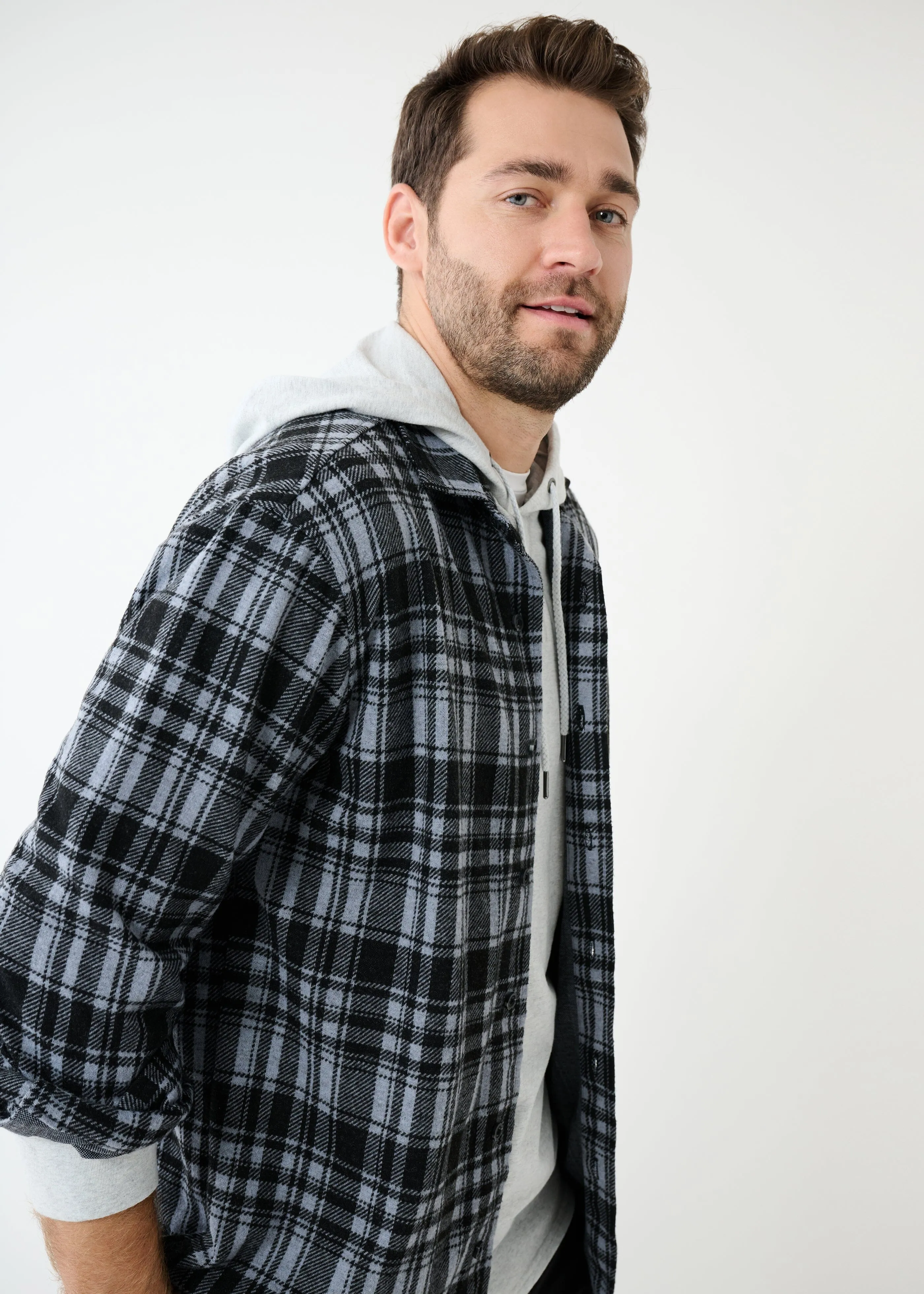 Knit Stretch Flannel Shirt | Grey Plaid