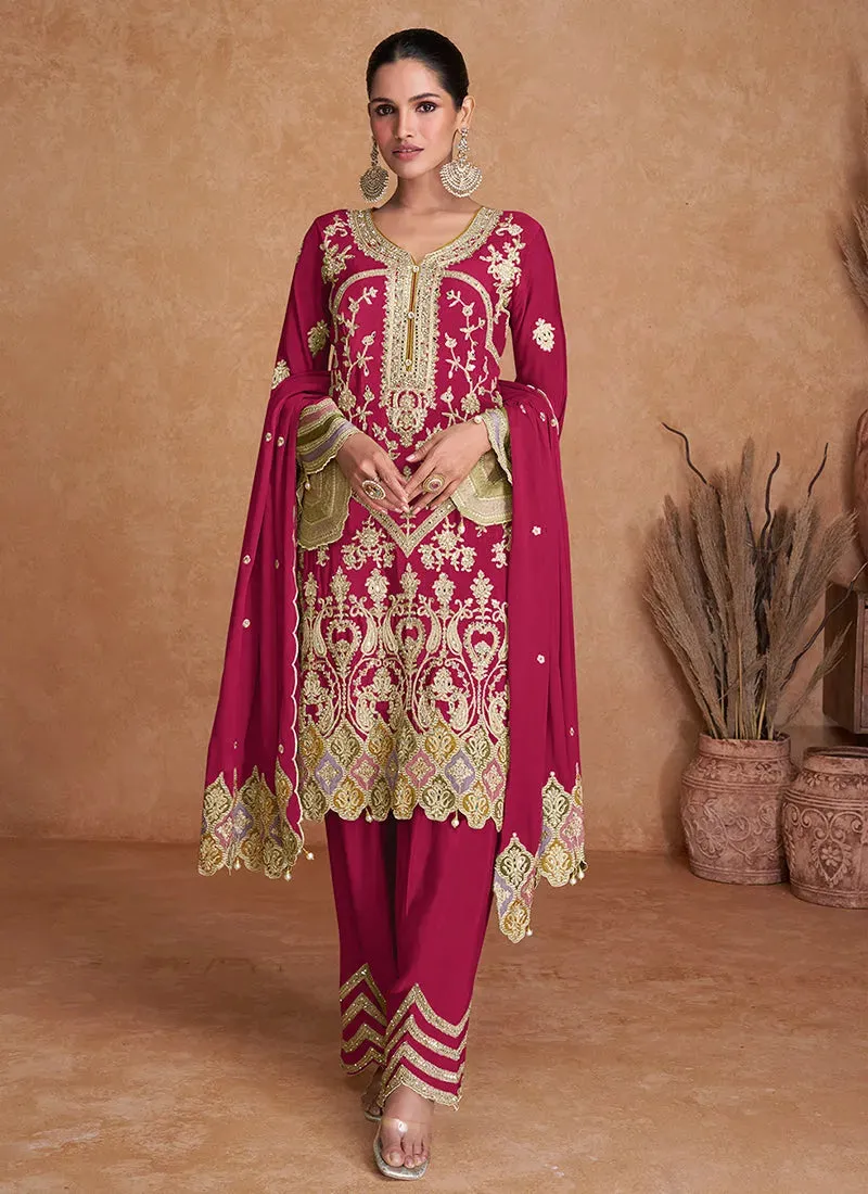 Magenta Pure Chinon Traditional Designer Straight Suit