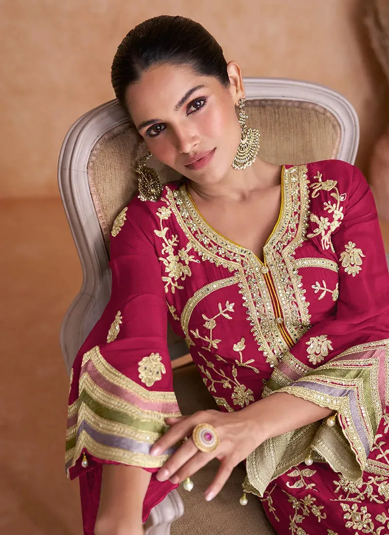 Magenta Pure Chinon Traditional Designer Straight Suit
