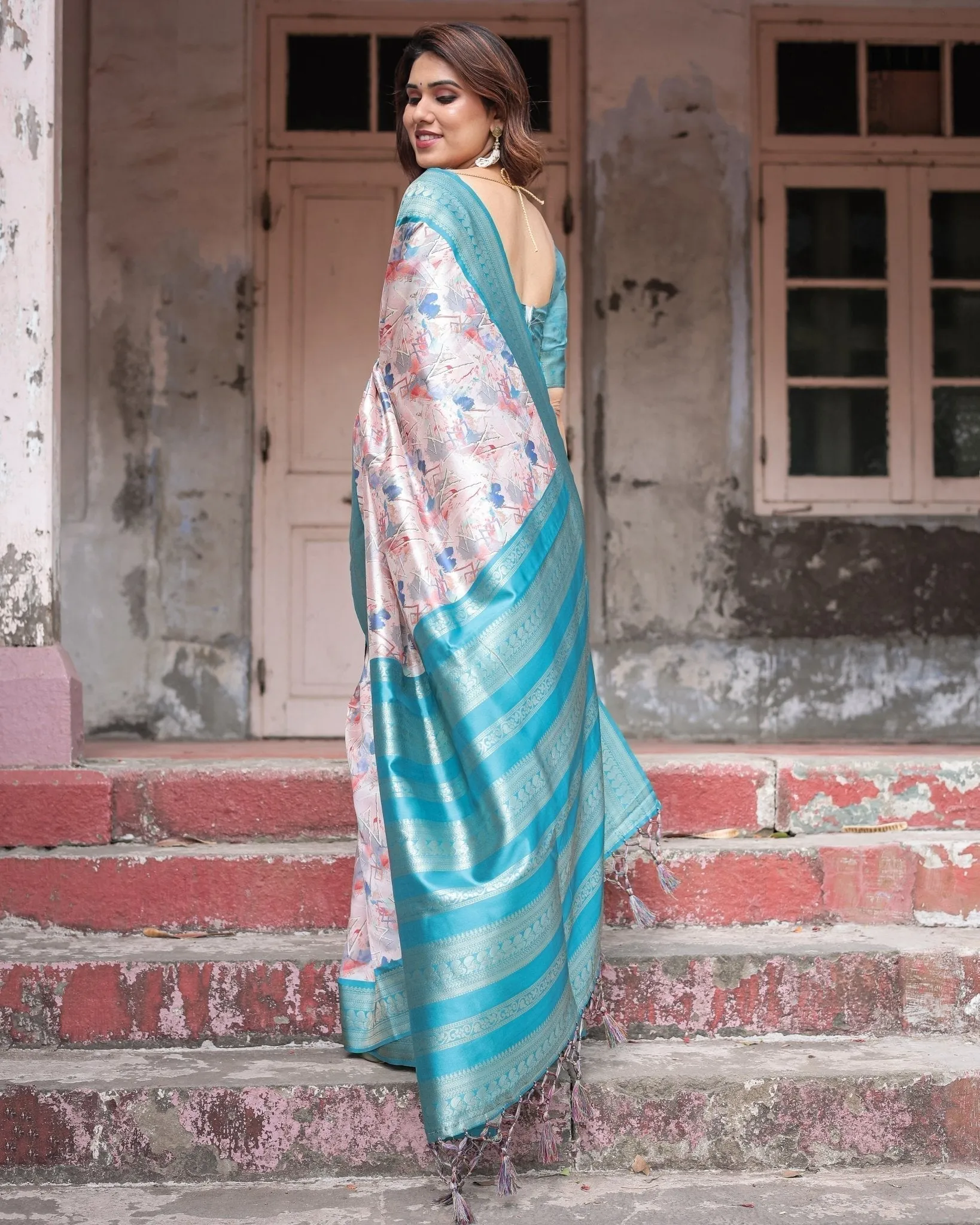 Mesmerizing Aqua Banarasi Silk Saree with Digital Print and Tassels