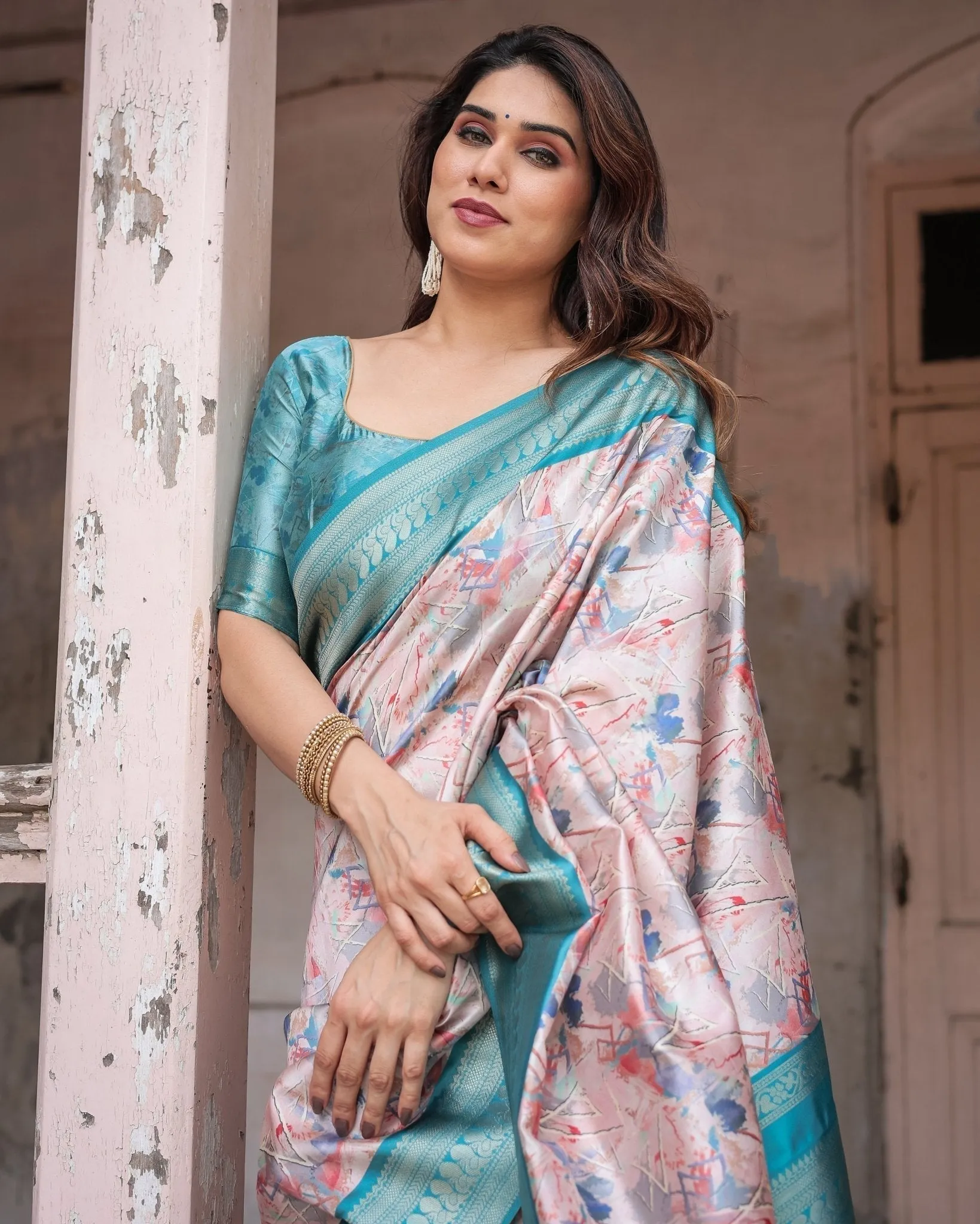 Mesmerizing Aqua Banarasi Silk Saree with Digital Print and Tassels