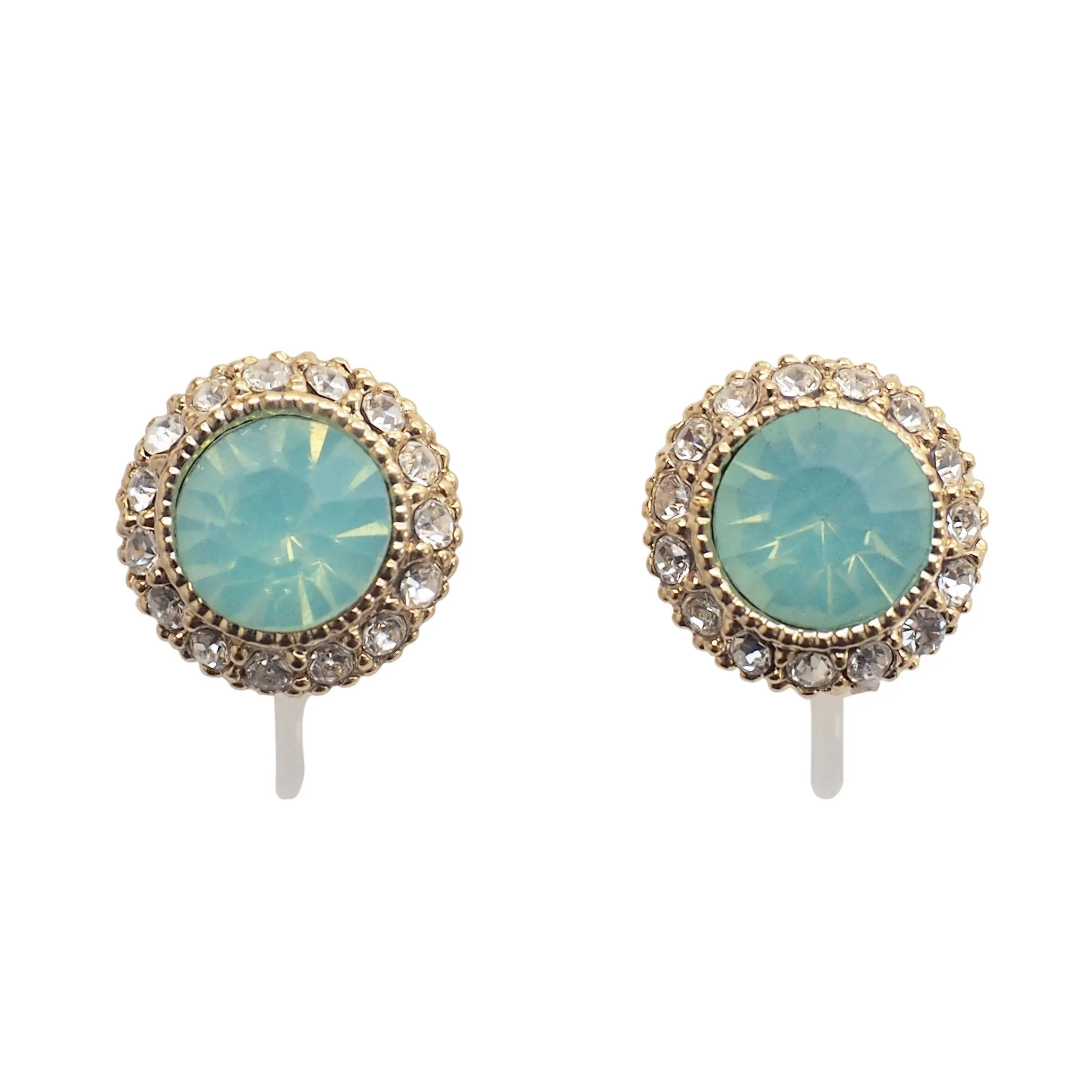 Mint Green Rhinestone Crystal Invisible Clip On Stud Earrings