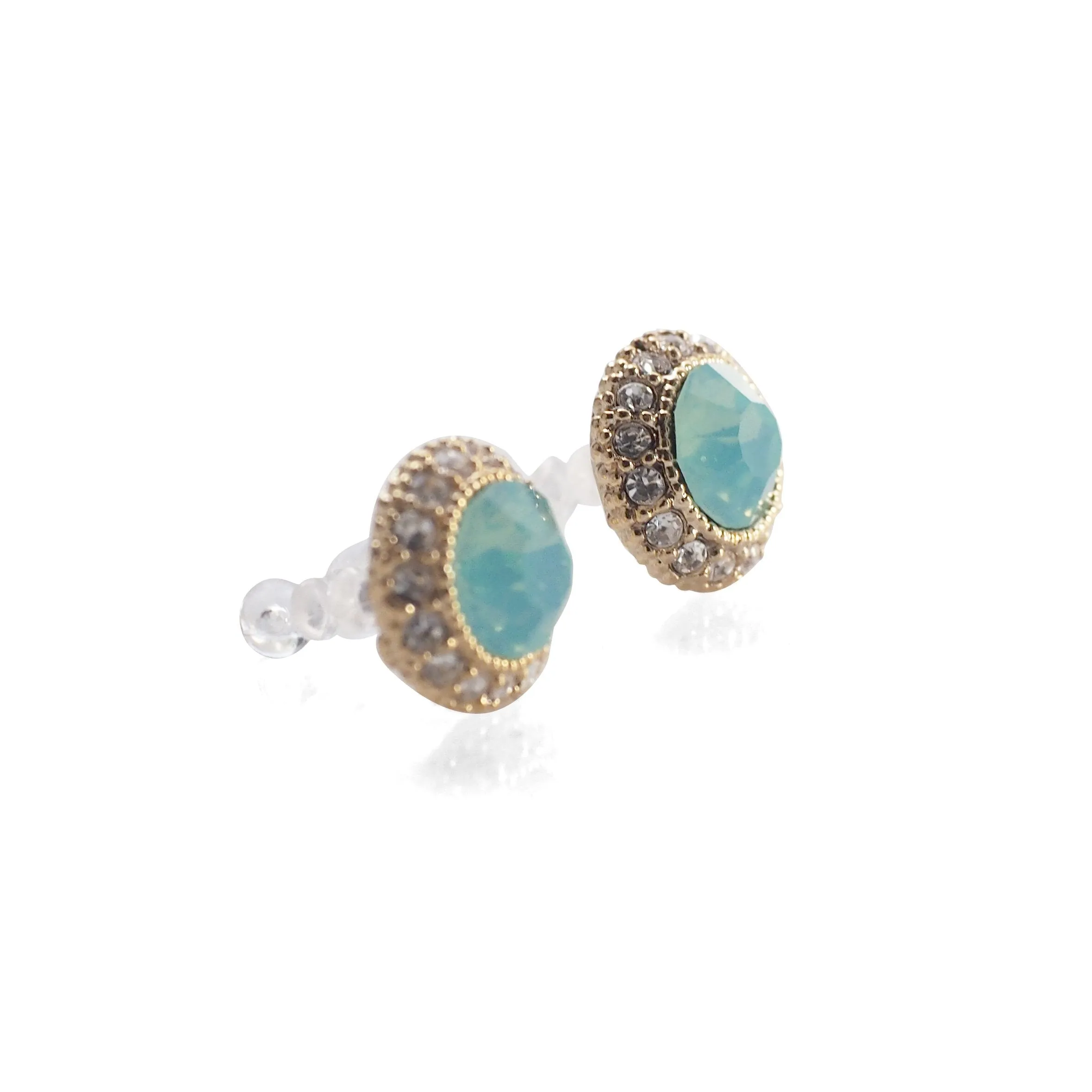 Mint Green Rhinestone Crystal Invisible Clip On Stud Earrings