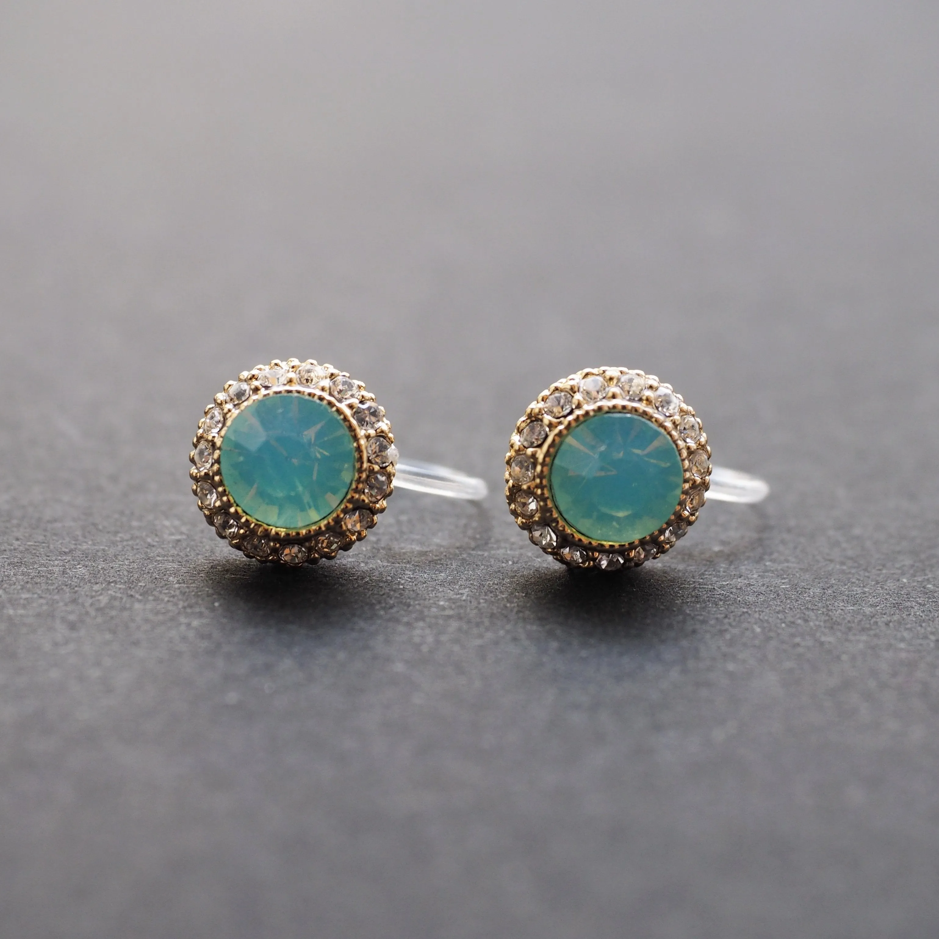 Mint Green Rhinestone Crystal Invisible Clip On Stud Earrings