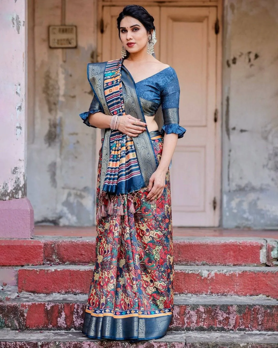 Multicolor Tussar Silk Saree with Vibrant Floral Weaves and Striped Pallu