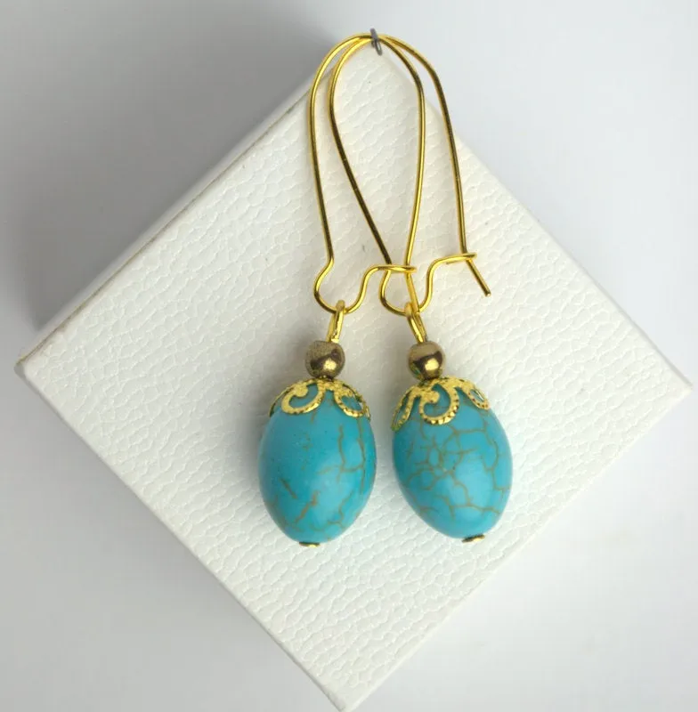 Natural blue turquoise howlite drop earrings Gemstone earrings Blue stone boho earrings Personalized gift for mom girlfriend Howlite jewelry