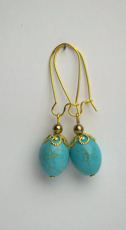 Natural blue turquoise howlite drop earrings Gemstone earrings Blue stone boho earrings Personalized gift for mom girlfriend Howlite jewelry