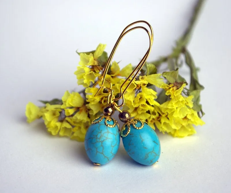 Natural blue turquoise howlite drop earrings Gemstone earrings Blue stone boho earrings Personalized gift for mom girlfriend Howlite jewelry