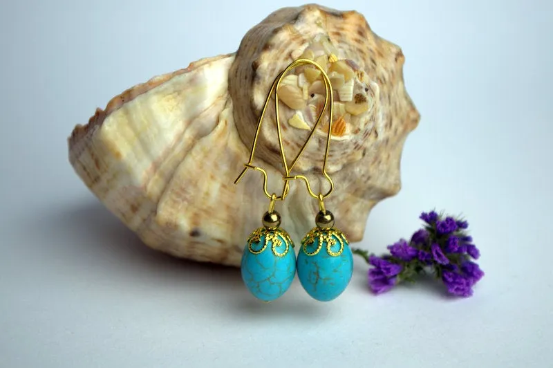 Natural blue turquoise howlite drop earrings Gemstone earrings Blue stone boho earrings Personalized gift for mom girlfriend Howlite jewelry