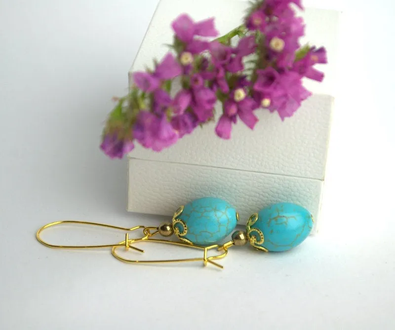 Natural blue turquoise howlite drop earrings Gemstone earrings Blue stone boho earrings Personalized gift for mom girlfriend Howlite jewelry