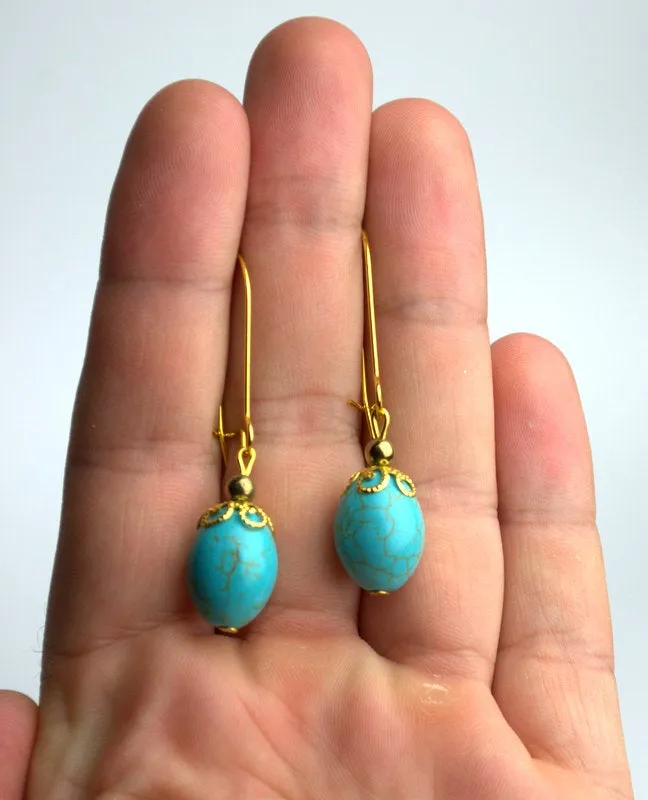 Natural blue turquoise howlite drop earrings Gemstone earrings Blue stone boho earrings Personalized gift for mom girlfriend Howlite jewelry