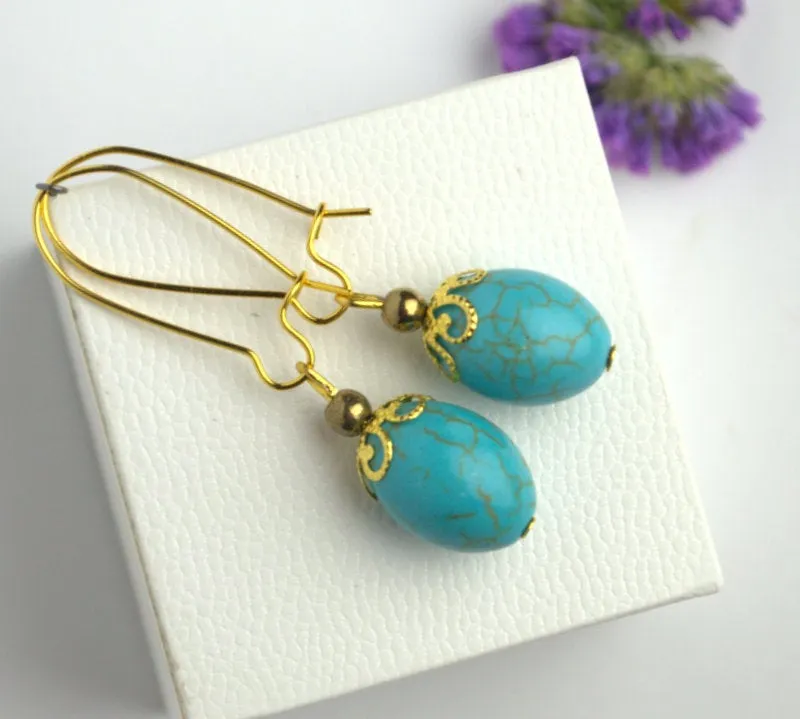 Natural blue turquoise howlite drop earrings Gemstone earrings Blue stone boho earrings Personalized gift for mom girlfriend Howlite jewelry