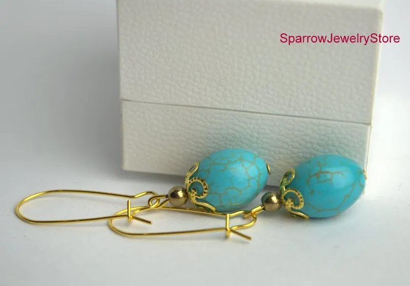 Natural blue turquoise howlite drop earrings Gemstone earrings Blue stone boho earrings Personalized gift for mom girlfriend Howlite jewelry