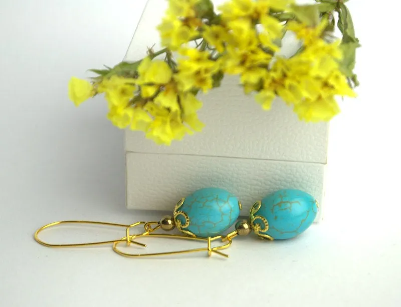 Natural blue turquoise howlite drop earrings Gemstone earrings Blue stone boho earrings Personalized gift for mom girlfriend Howlite jewelry