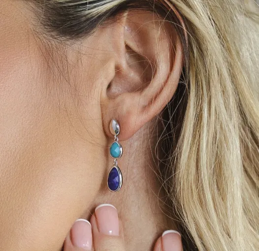 Pebble Azure Gemstone Trio Droplet Stud Drop Earrings