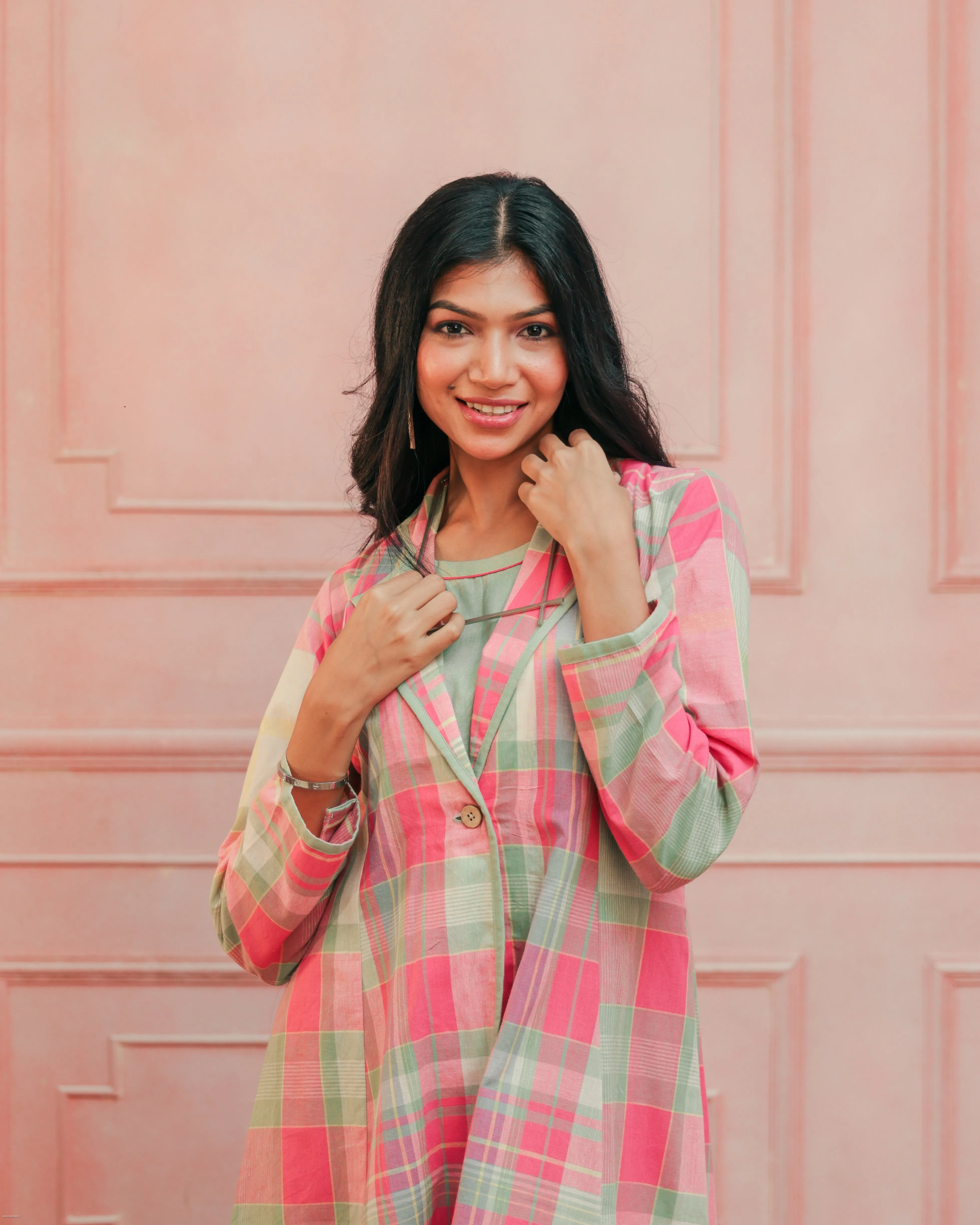 Pink and Mint Green Madras Cotton Long Jacket and Dress set.