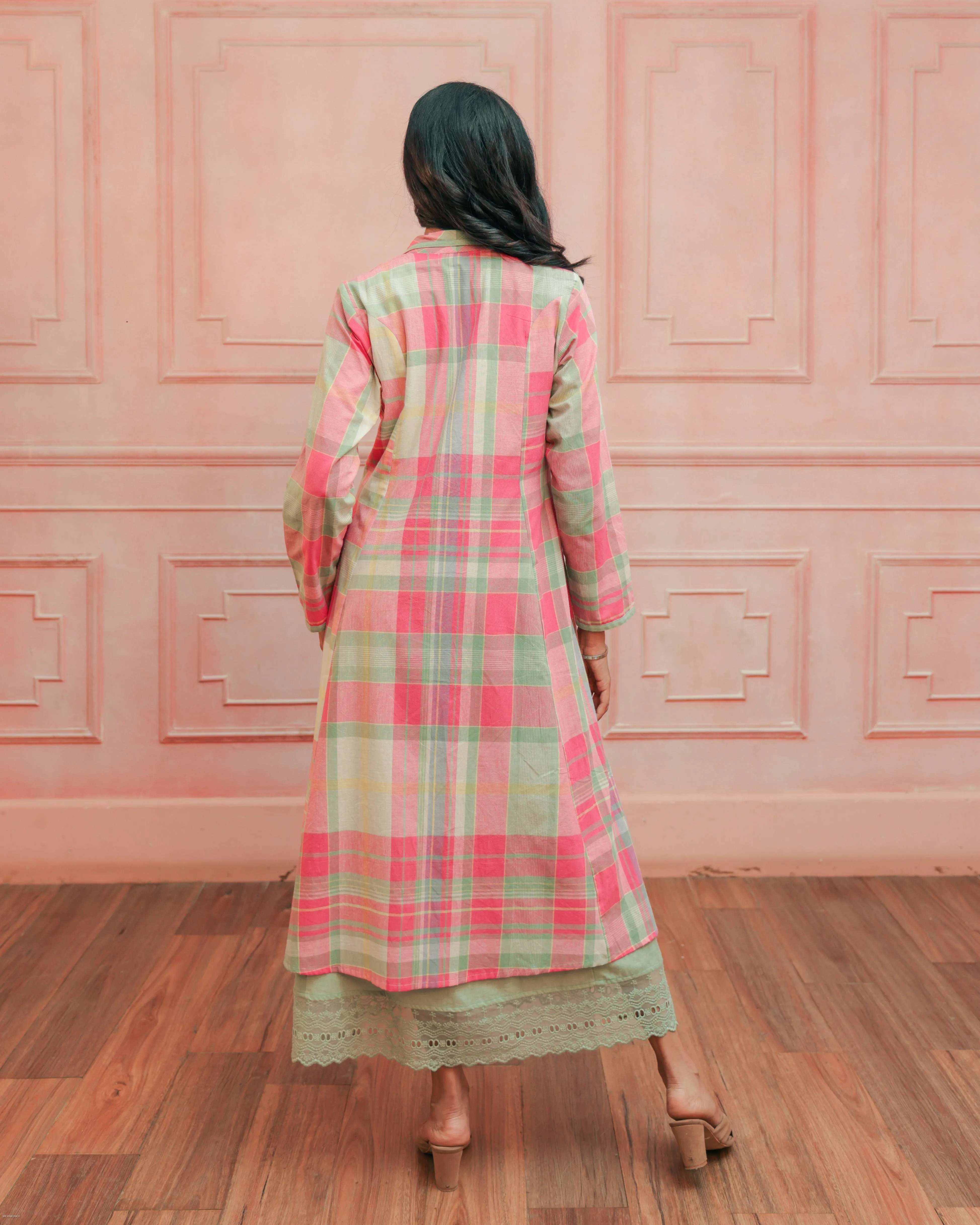 Pink and Mint Green Madras Cotton Long Jacket and Dress set.