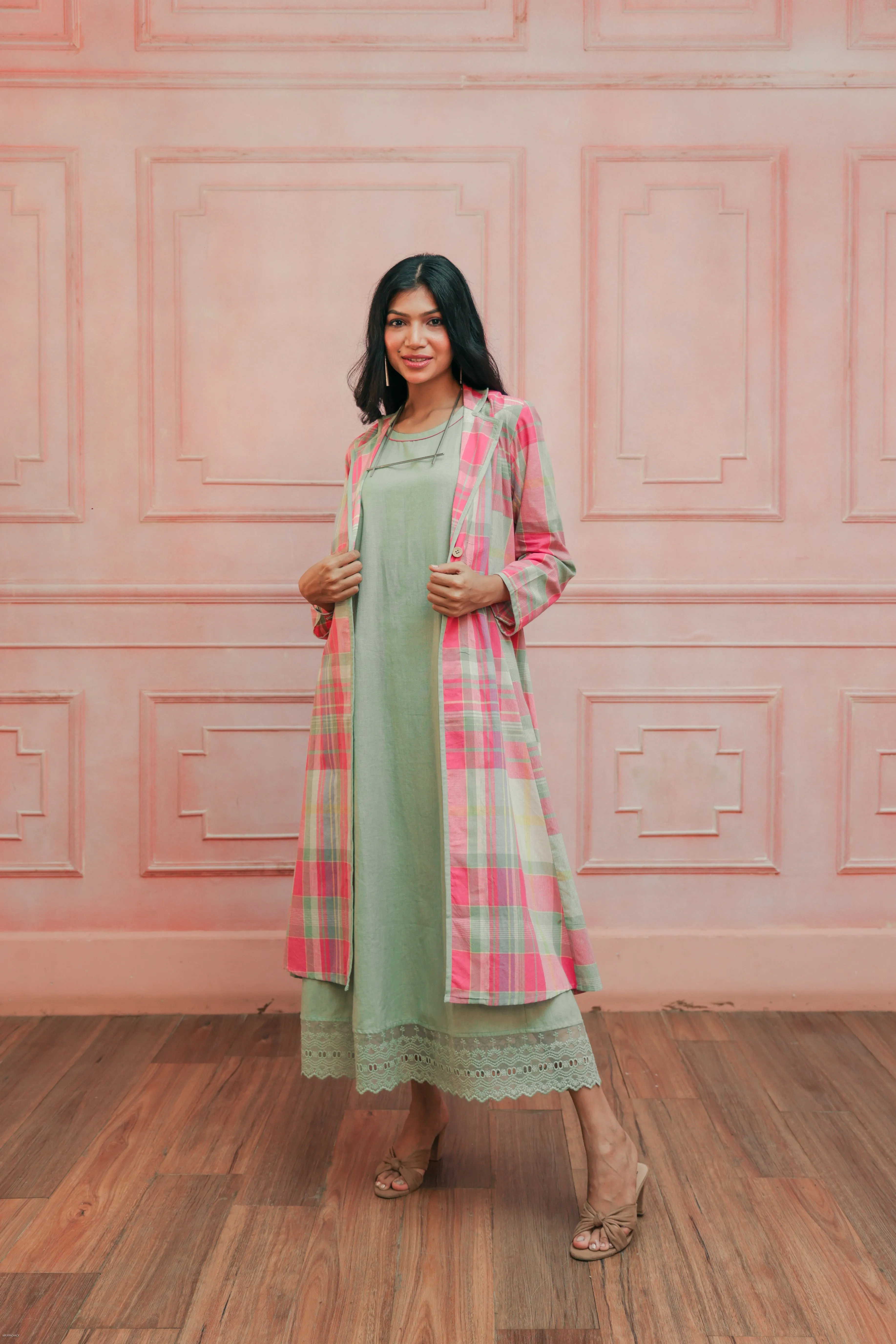 Pink and Mint Green Madras Cotton Long Jacket and Dress set.