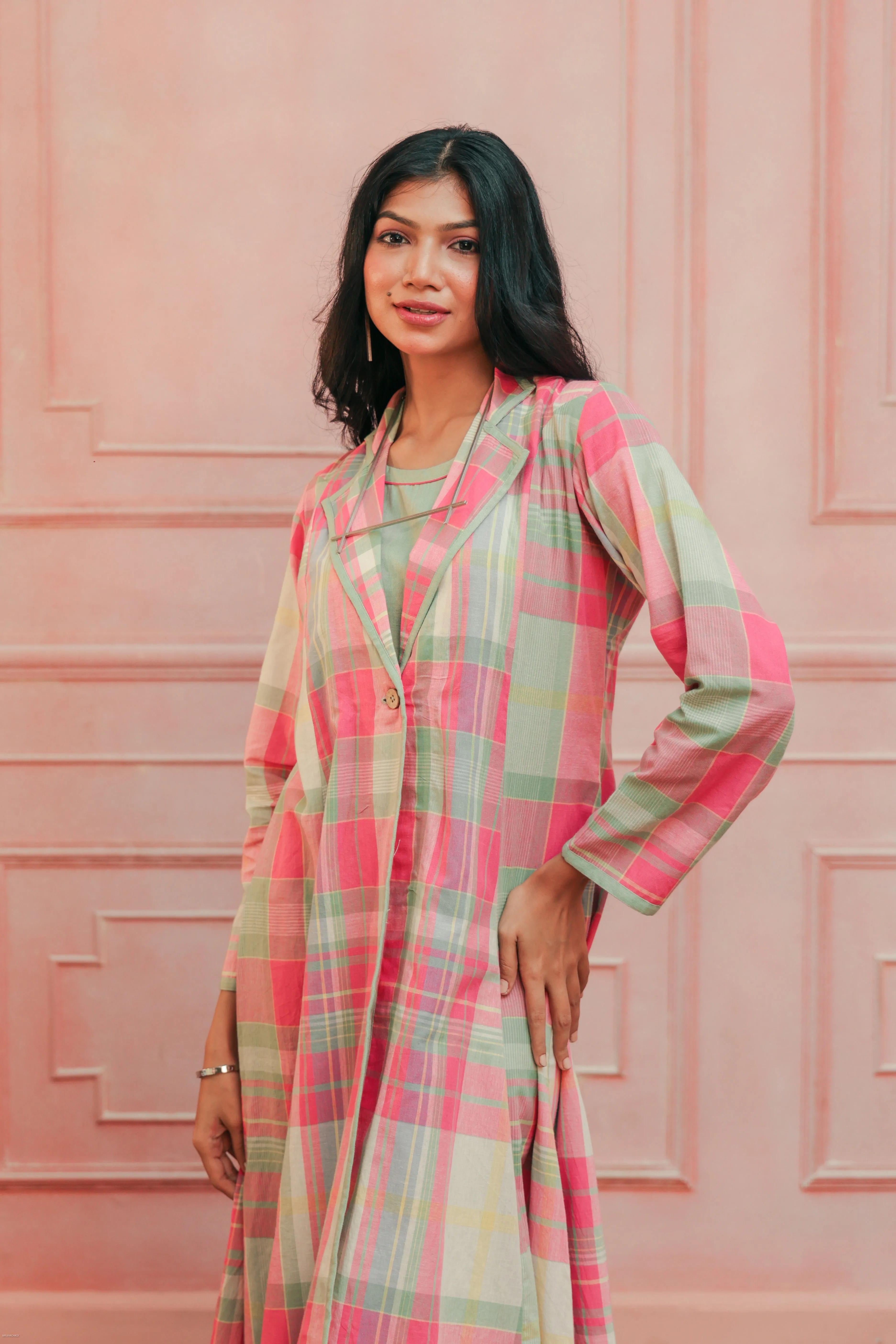 Pink and Mint Green Madras Cotton Long Jacket and Dress set.