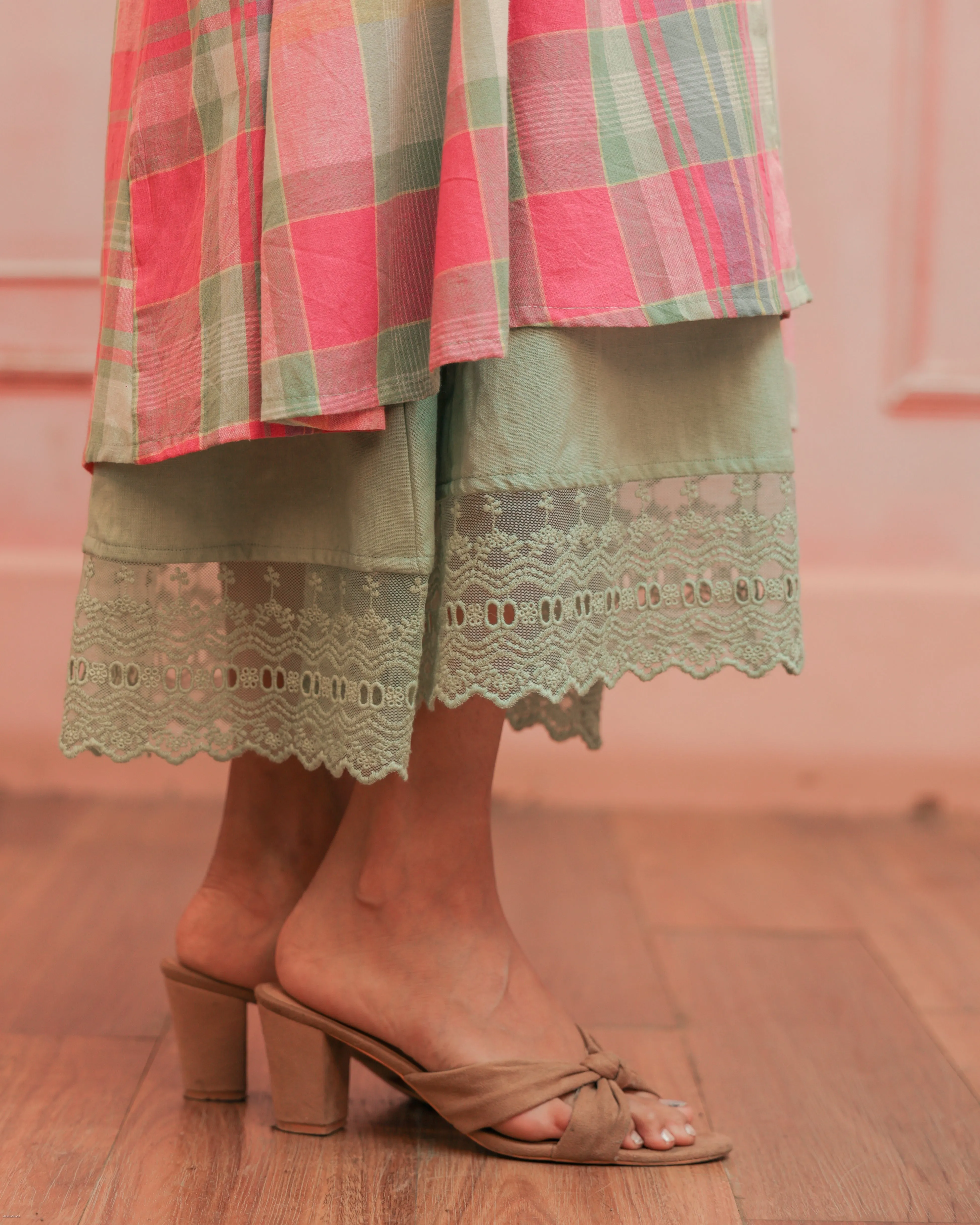 Pink and Mint Green Madras Cotton Long Jacket and Dress set.