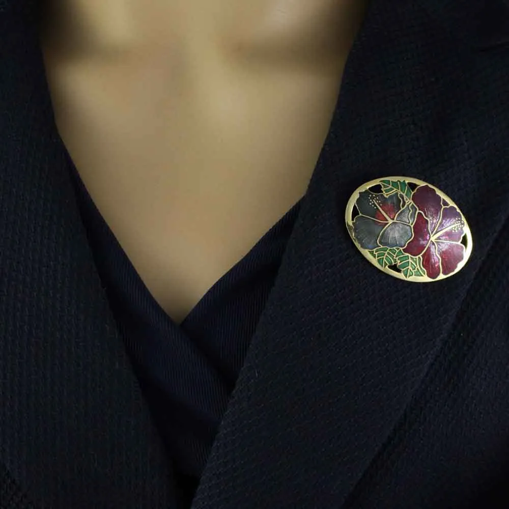Red and Gray Hibiscus Cloisonne Pin and Earring Set - CP90BS