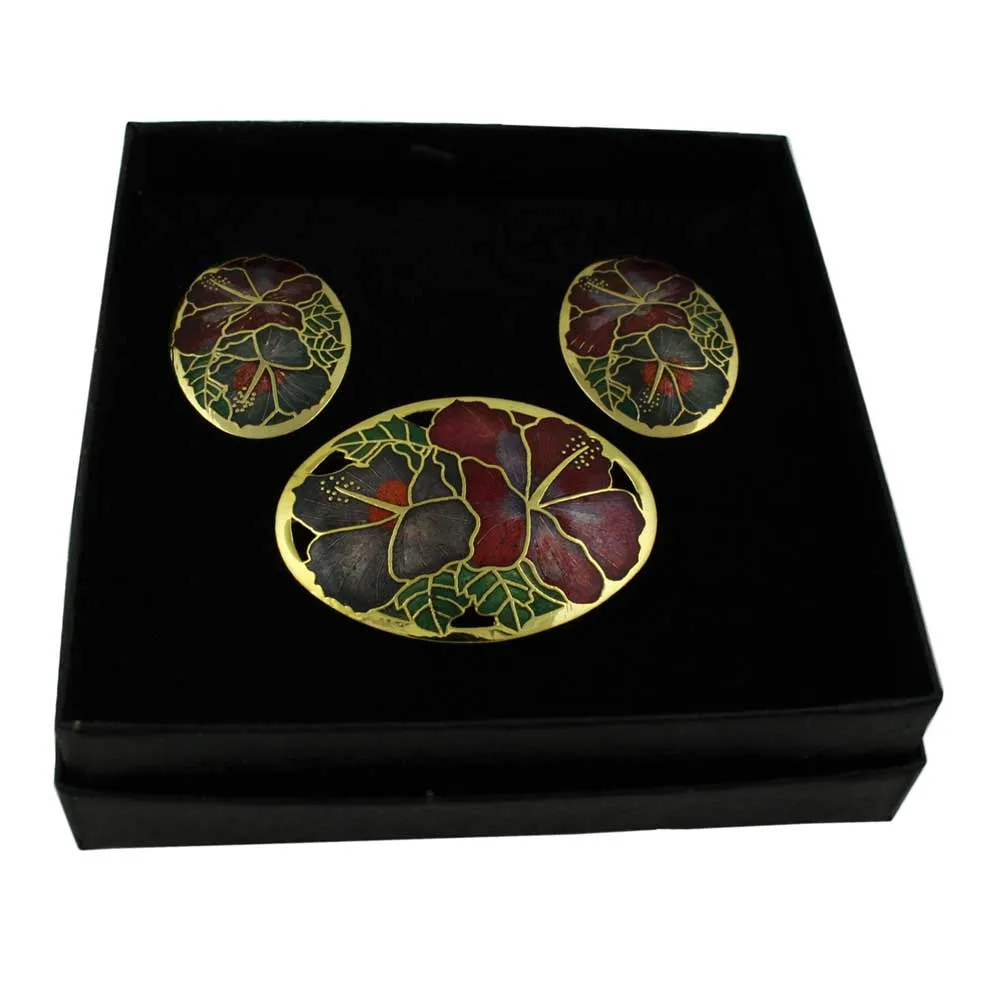 Red and Gray Hibiscus Cloisonne Pin and Earring Set - CP90BS