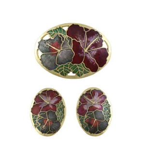 Red and Gray Hibiscus Cloisonne Pin and Earring Set - CP90BS