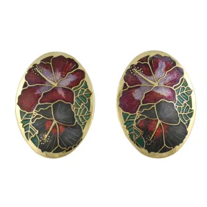 Red and Gray Hibiscus Flowers Cloisonne Pierced Earring - CP90ERD
