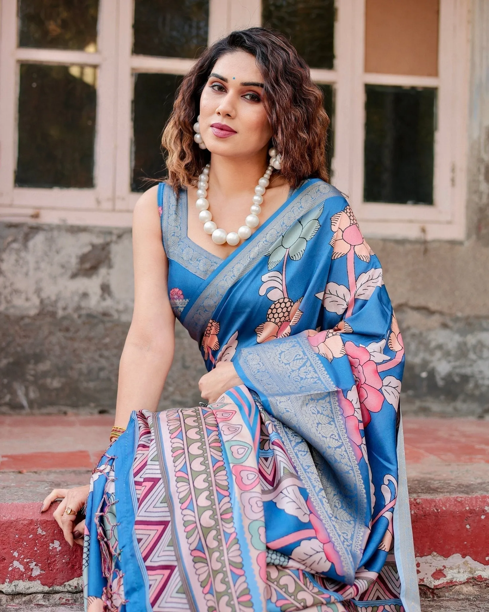 Sky Blue Tussar Silk Saree with Bold Floral Motifs and Chevron Pallu Design
