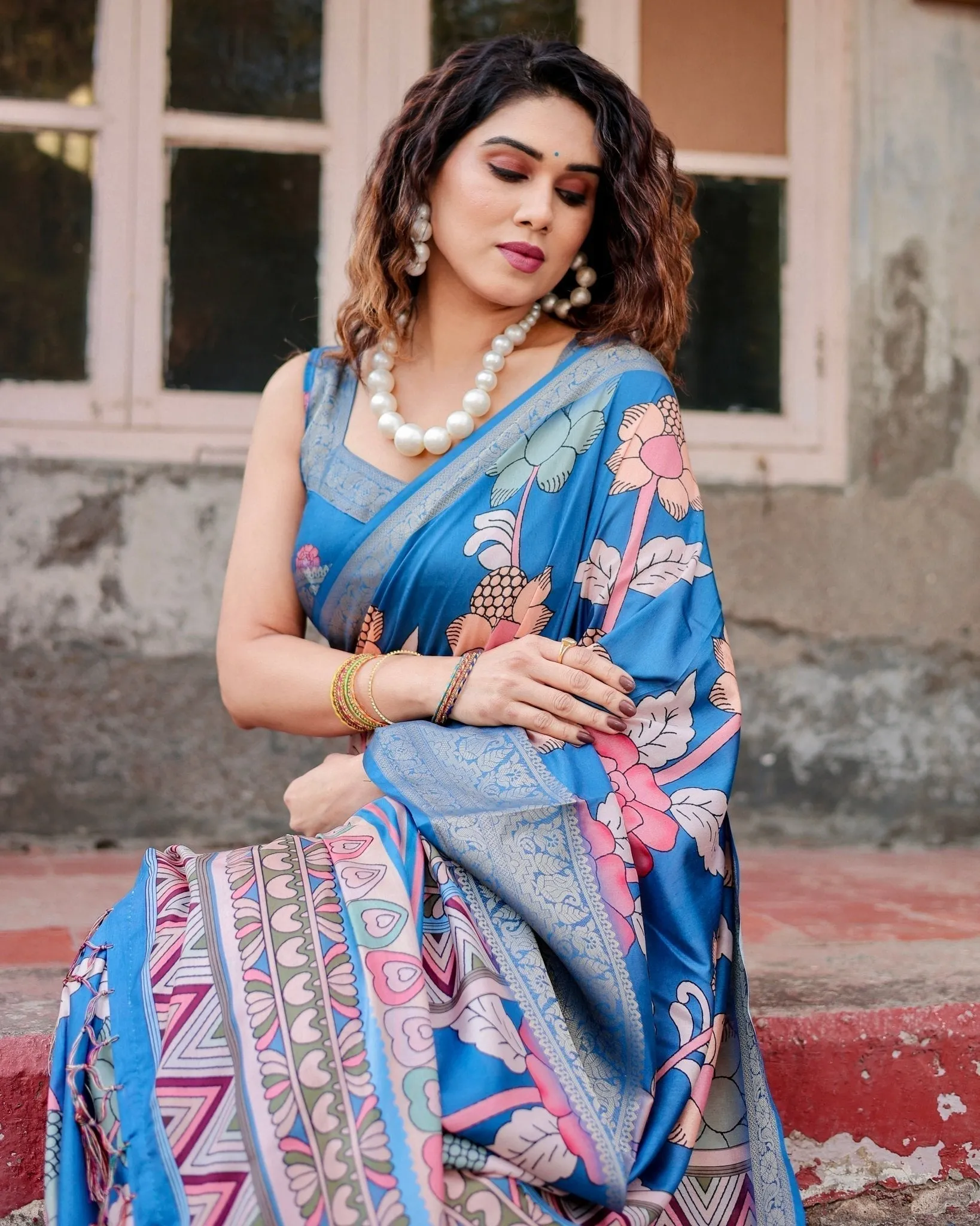 Sky Blue Tussar Silk Saree with Bold Floral Motifs and Chevron Pallu Design