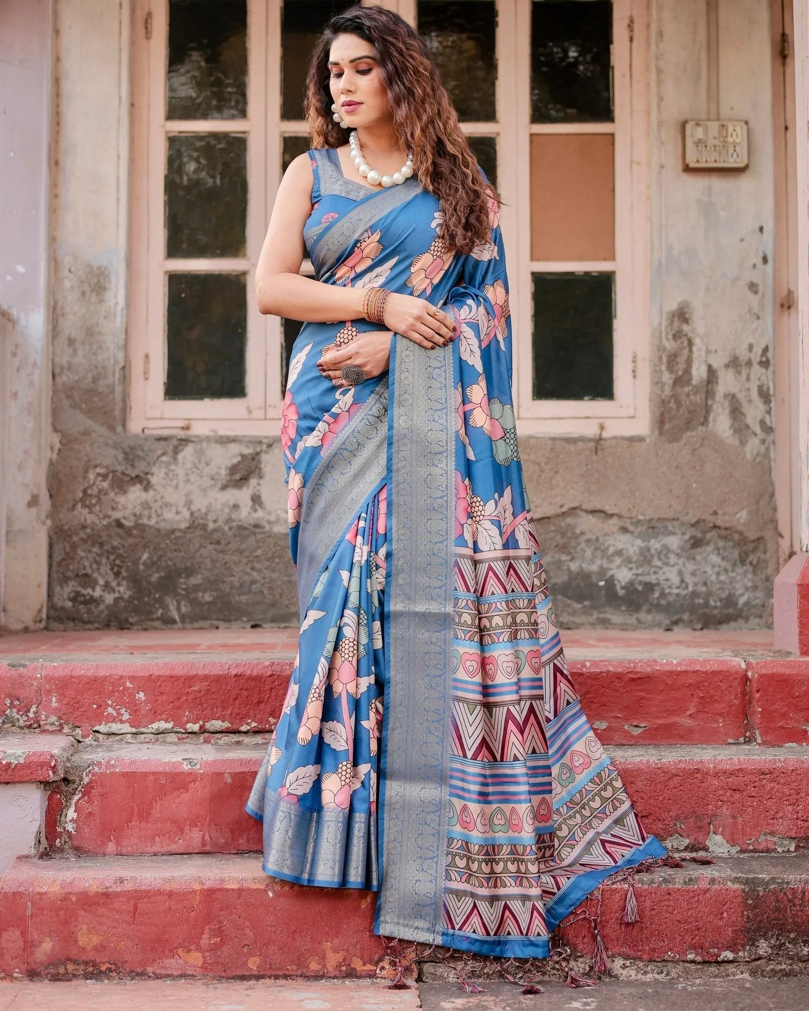 Sky Blue Tussar Silk Saree with Bold Floral Motifs and Chevron Pallu Design