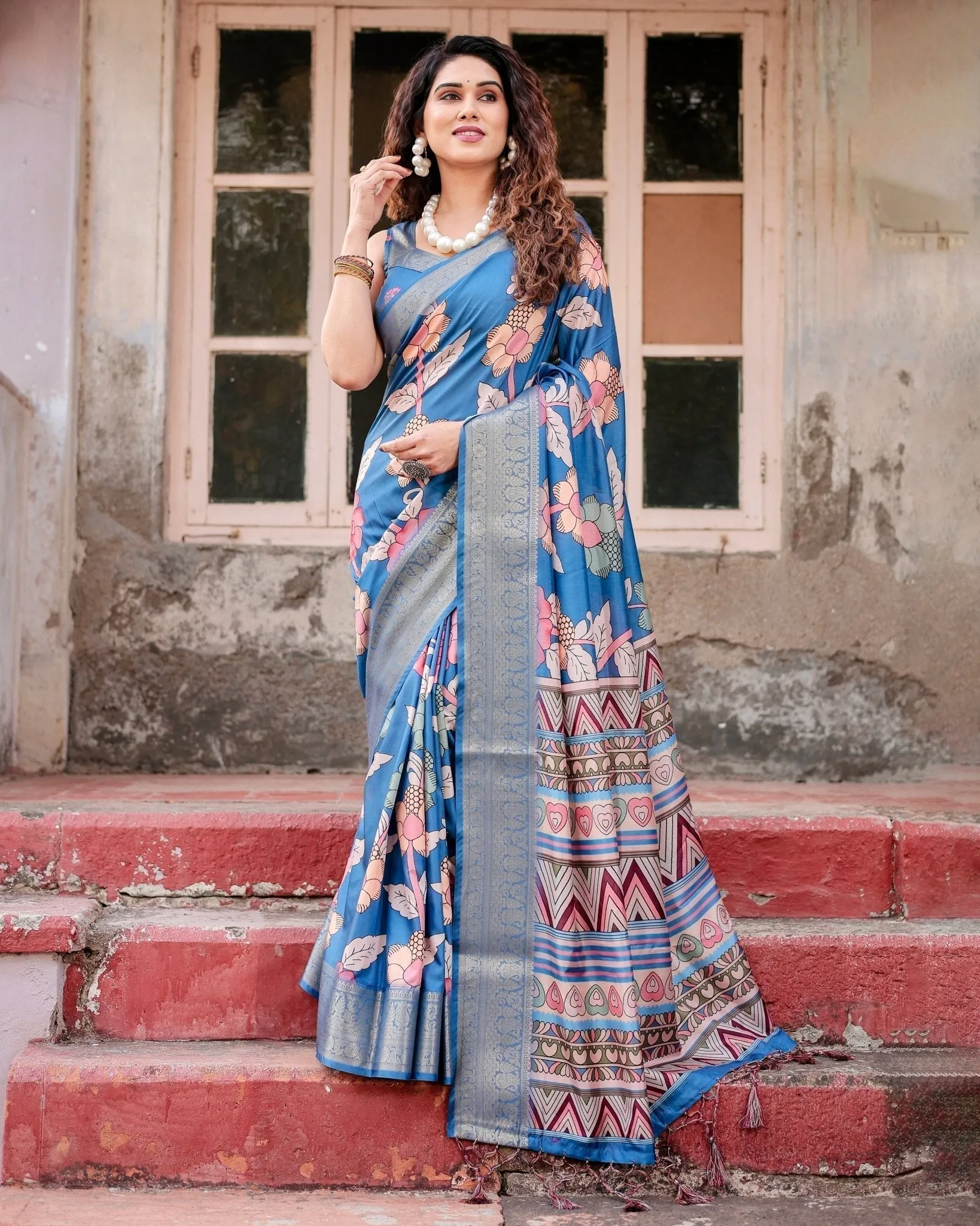 Sky Blue Tussar Silk Saree with Bold Floral Motifs and Chevron Pallu Design