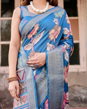 Sky Blue Tussar Silk Saree with Bold Floral Motifs and Chevron Pallu Design